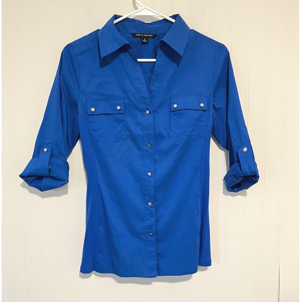 Zac & Rachel Button Down Shirt Women S Blue Roll Tab Snap Front Pocket y2k